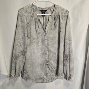 Simply Vera Vera Wang Womens XS Grey Grid Tie Dye Sheer Button Down Blouse Top